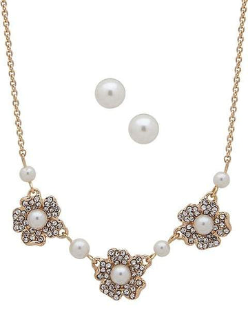 Boxed Goldtone, Crystal & Faux Pearl Stud Earrings & Necklace Set